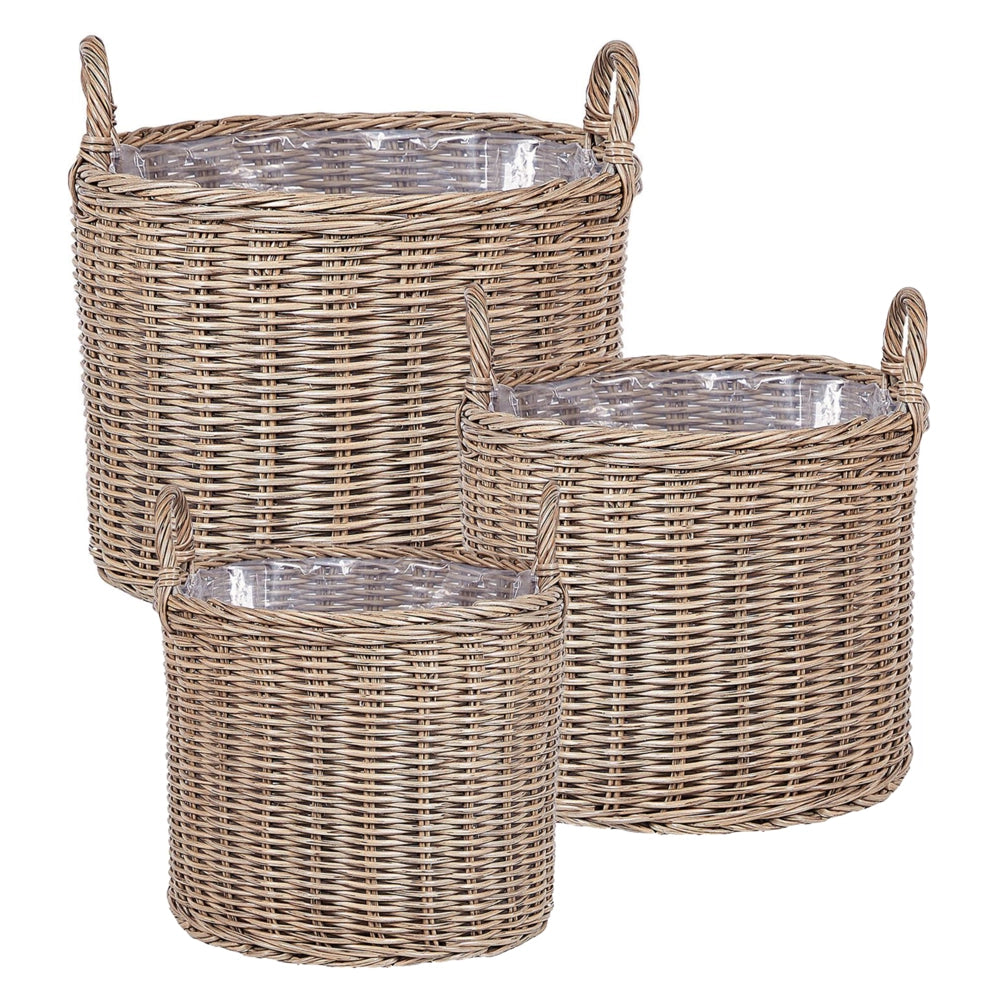 Set di 3 cesti per piante in PE Rattan marrone con manici Intarsio sintetico