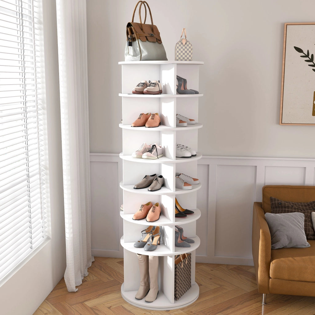 Scarpiera girevole autoportante a 7 livelli con rotazione a 360° in PVC bianco per fino a 28 paia di scarpe