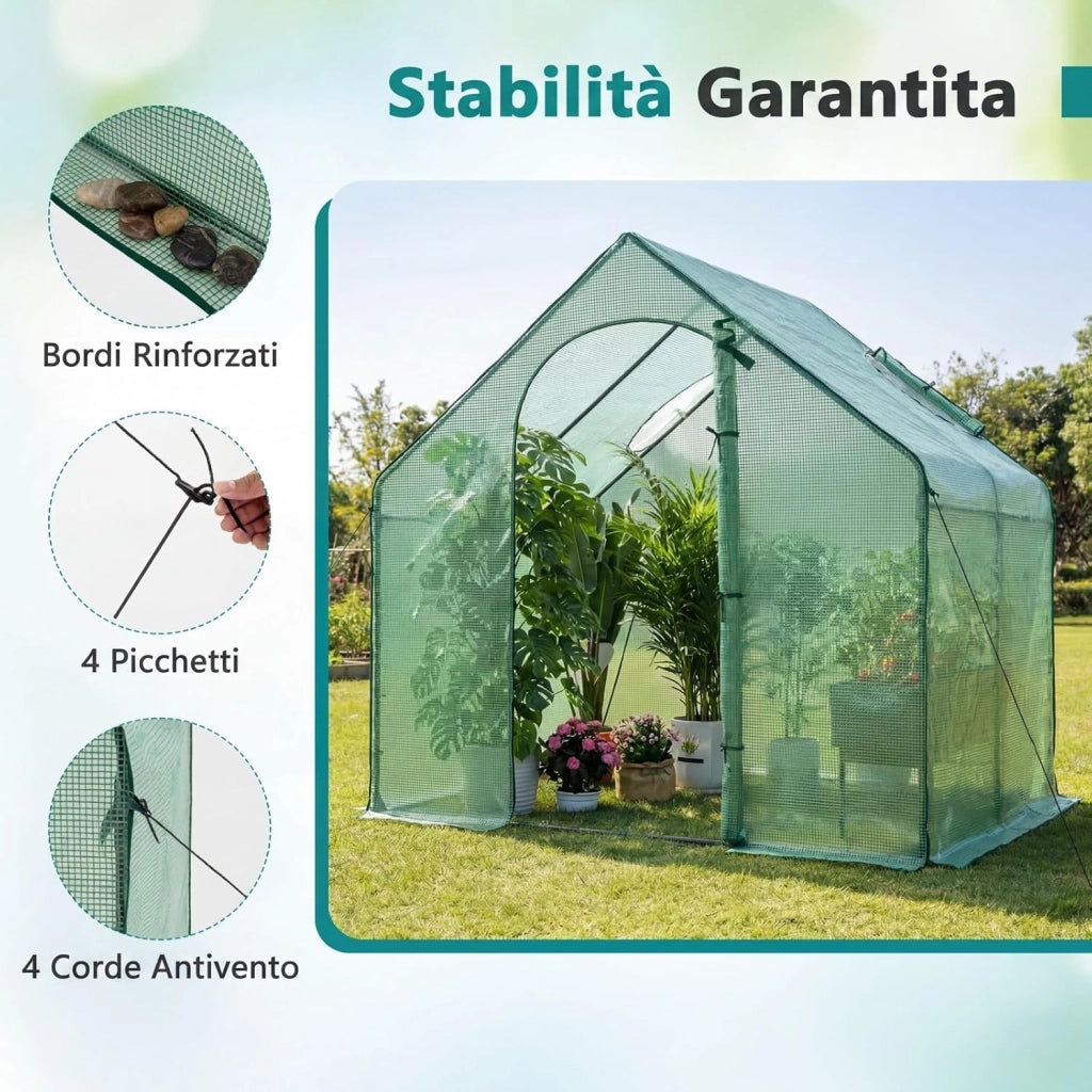 Serra da Giardino, Mini Serra da Esterno con Finestra e Porta Avvolgibile con Cerniera, Copertura in PE, Struttura in Metallo, Picchetti e Corde, per Cortile e Giardino 183 x 99 x 166 cm