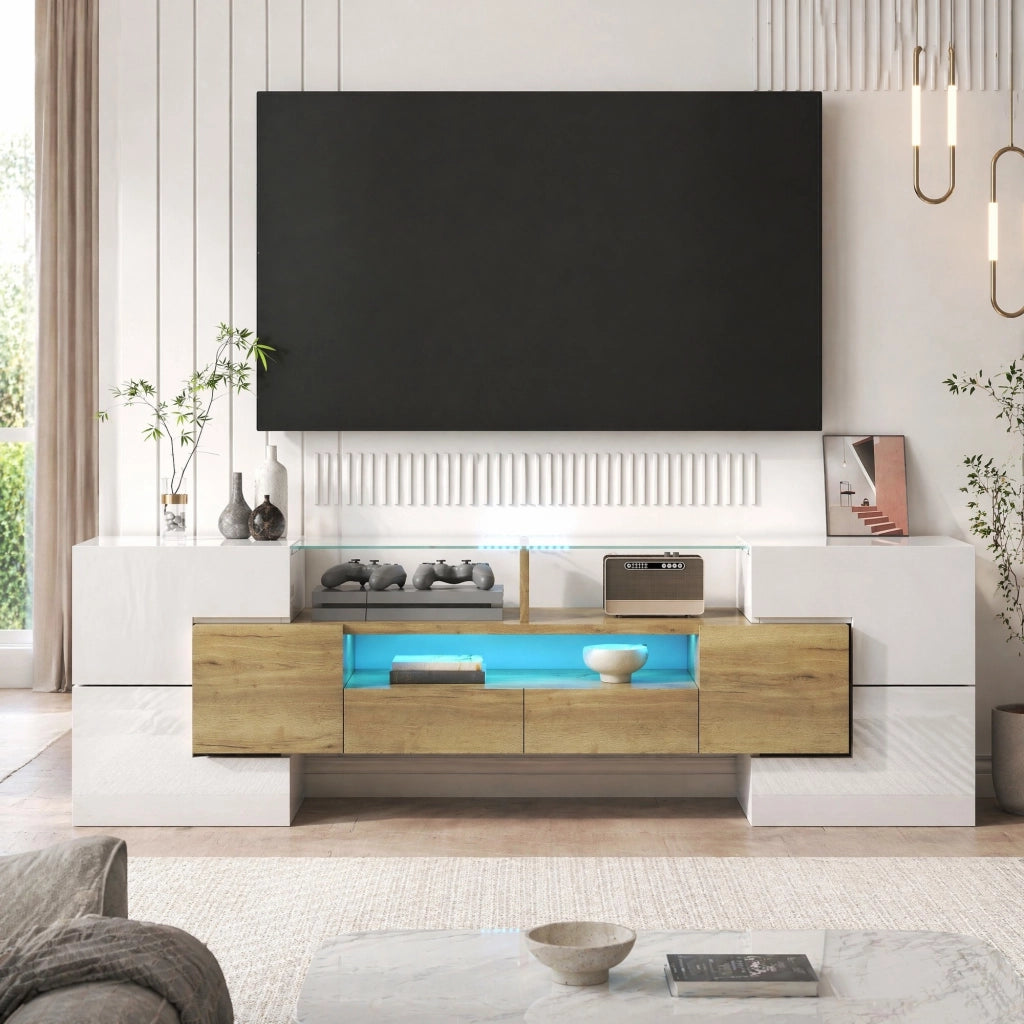 Mobile TV 145 cm con LED multicolore, 6 ante e 2 cassetti bianco e oro