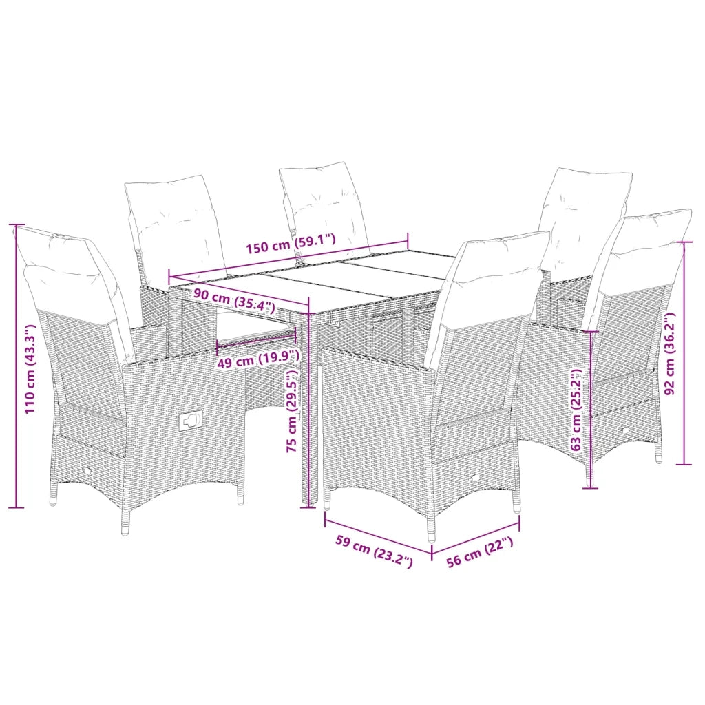 Set da Pranzo da Giardino 7 pz Nero con Cuscini in Polyrattan 3276695