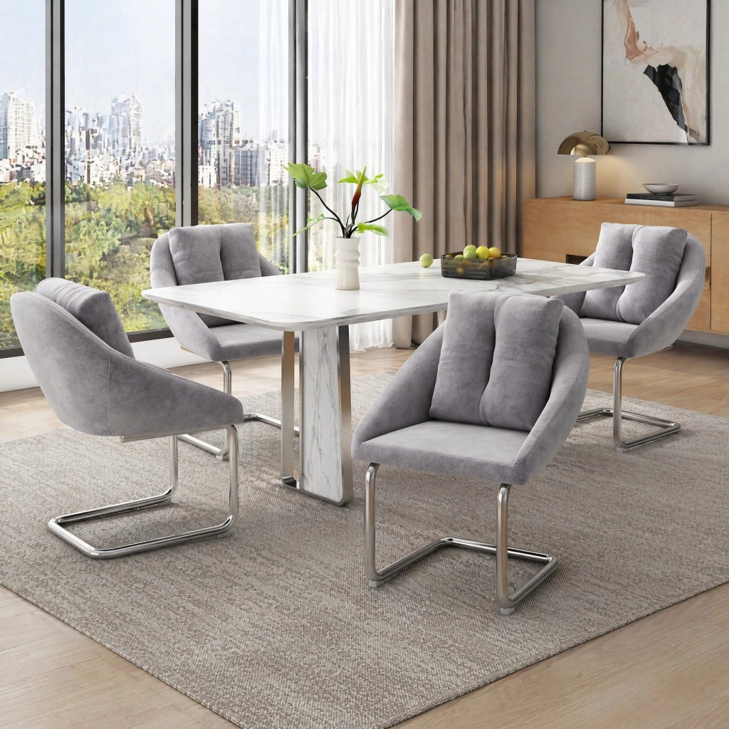 Sedia da Pranzo Set da 4 con Design Ergonomico e Gambe in Metallo, in Velluto Grigio