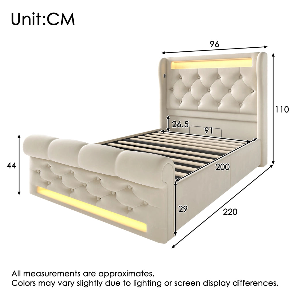 LETTO Imbottito con LED e USB/Type-C 90x200 cm Velluto Beige