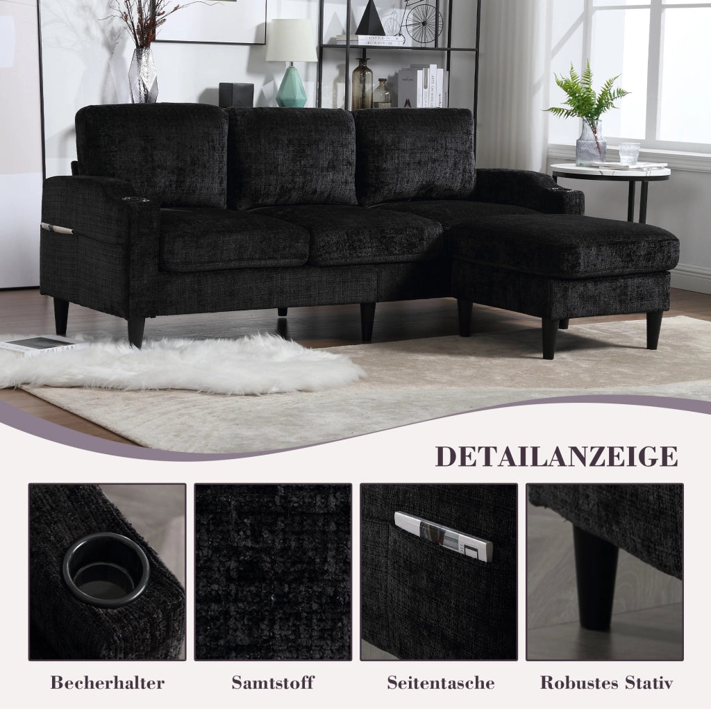 DIVANO 4 POSTI CON POUF CONTENITORE 196,5x75x77 cm CHENILLE NERO