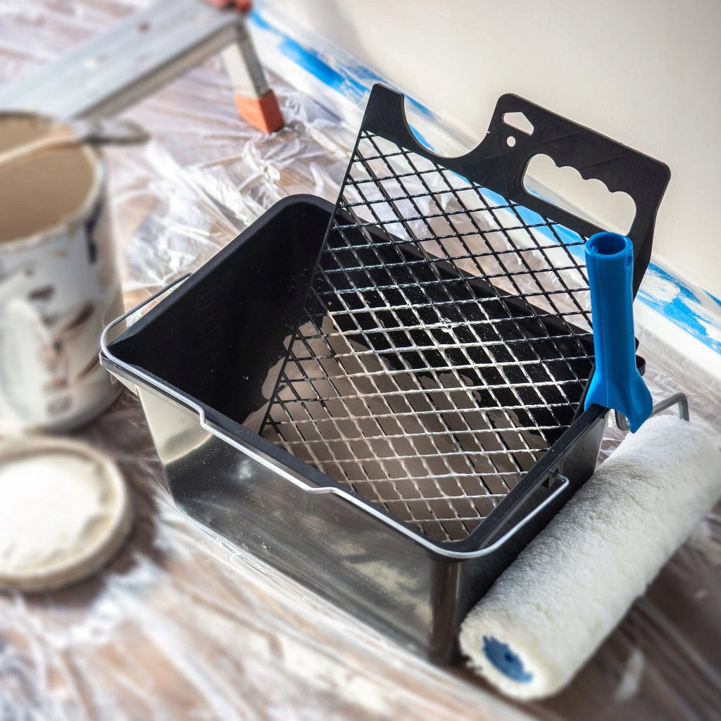 Griglia per pittura grande KADAX 280x390 mm per rullo da 25 cm, 12 pezzi con supporto per secchio