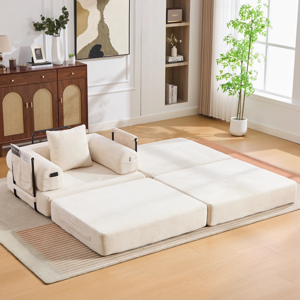 Divano modulare in corduroy beige con pouf, cuscino e tasca laterale