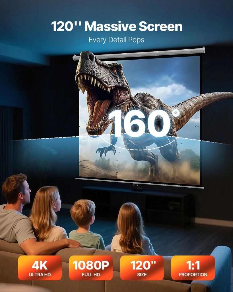 Schermo per Proiettore Manuale, 3048 mm 1:1, Bianco, Retrattile Avvolgibile Portatile con Corda di Trazione, a Parete per Teatro Domestico 4K 1080 HD