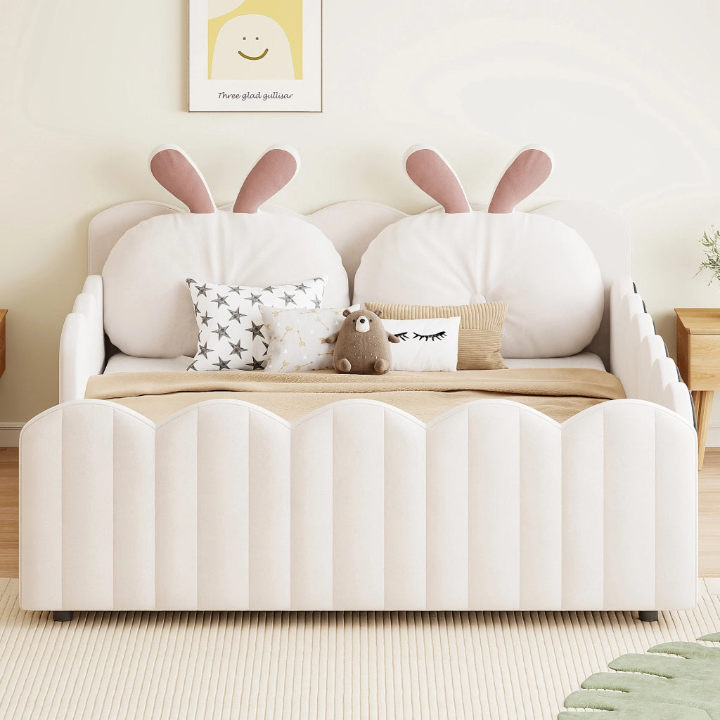 Letto per Bambini 140x200 cm, con Cuscino a Orecchie di Coniglio e Sponde - Beige