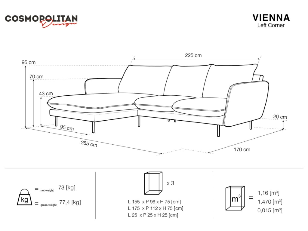Cosmopolitan Design - Divano angolare sinistro "Vienna" 5 posti in bouclé nero 