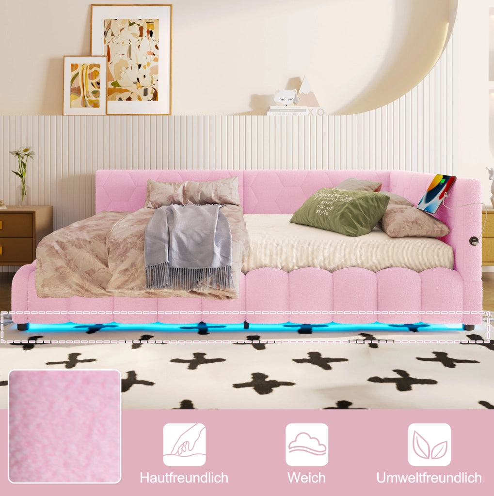 Letto daybed 140x200 cm con contenitore, LED, USB e Type-C, rosa