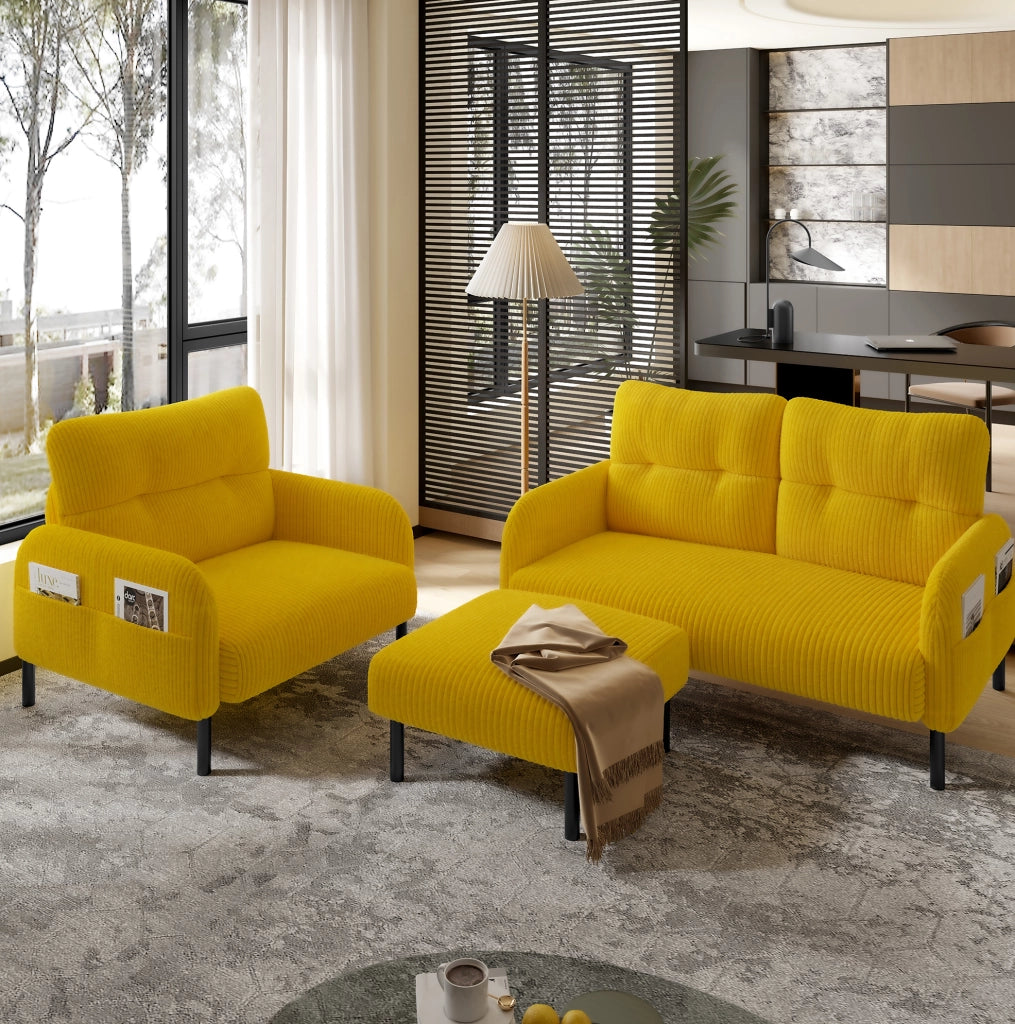 Set divano 3 pezzi in corduroy giallo con poltrona; pouf e divano 2 posti; 120 cm