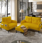Set divano 3 pezzi in corduroy giallo con poltrona; pouf e divano 2 posti; 120 cm