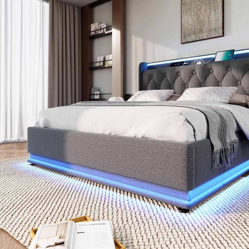 Letto imbottito grigio 140x190 cm con contenitore e illuminazione LED