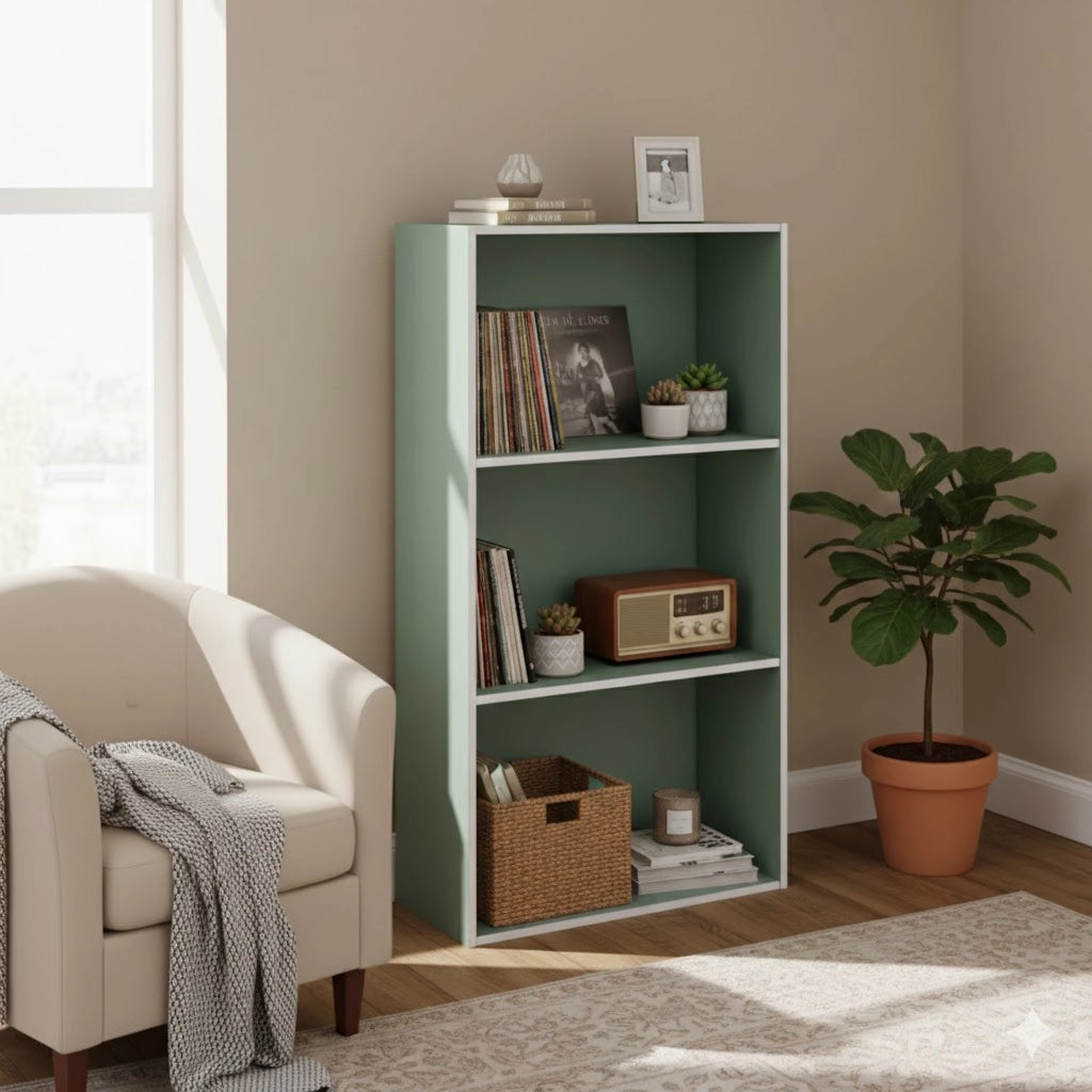 Libreria colonna 2 ripiani design moderno colore verde salvia per soggiorno studio camera dimensioni 50 x 22,8 x 95 cm
