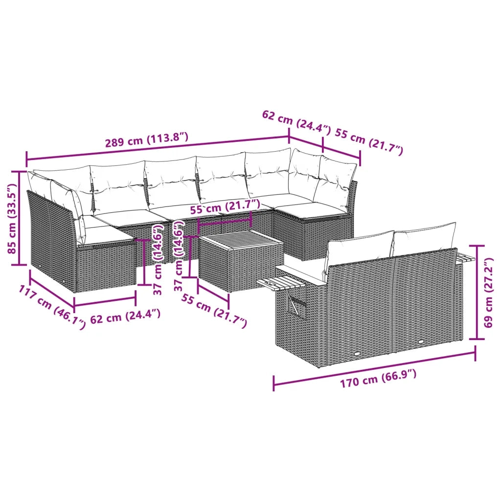 Set Divano da Giardino 10 pz con Cuscini Beige in Polyrattan 3227137