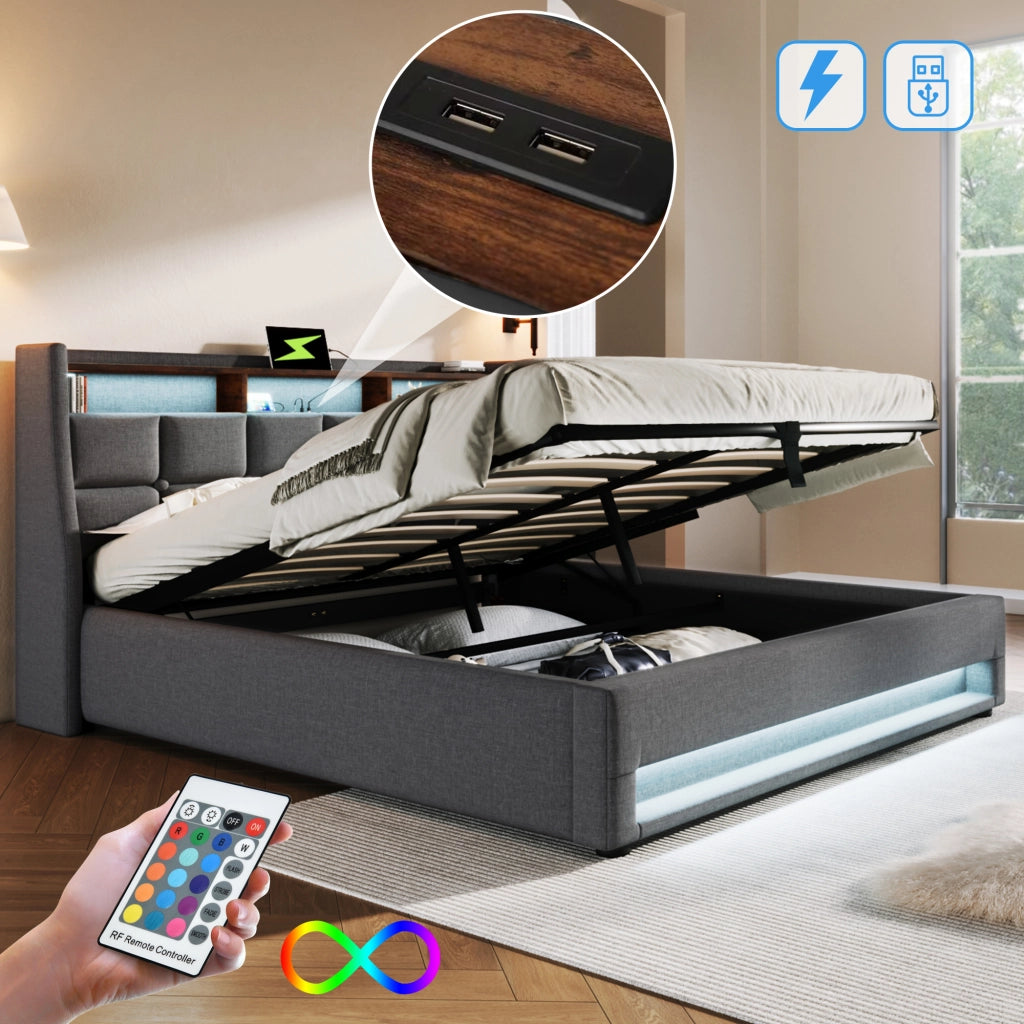 Letto contenitore imbottito grigio 160x200 cm