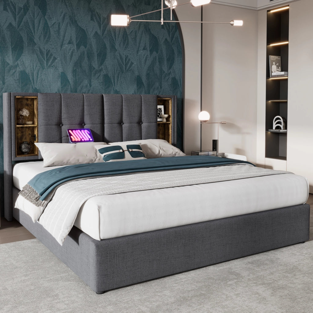 Letto matrimoniale 140x200 cm imbottito grigio con contenitore