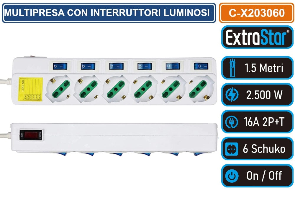 MULTIPRESA 6 POSTI COLORE BIANCO CON INTERRUTTORI SINGOLI E GENERALE E PROTEZIONE RIPRISTINABILE -C-X203060