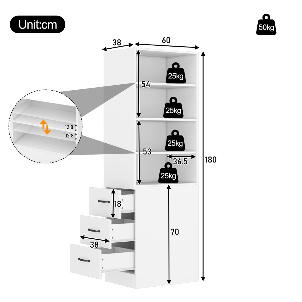 Libreria alta 180 cm slim con 3 cassetti laterali; 4 ripiani; bianco