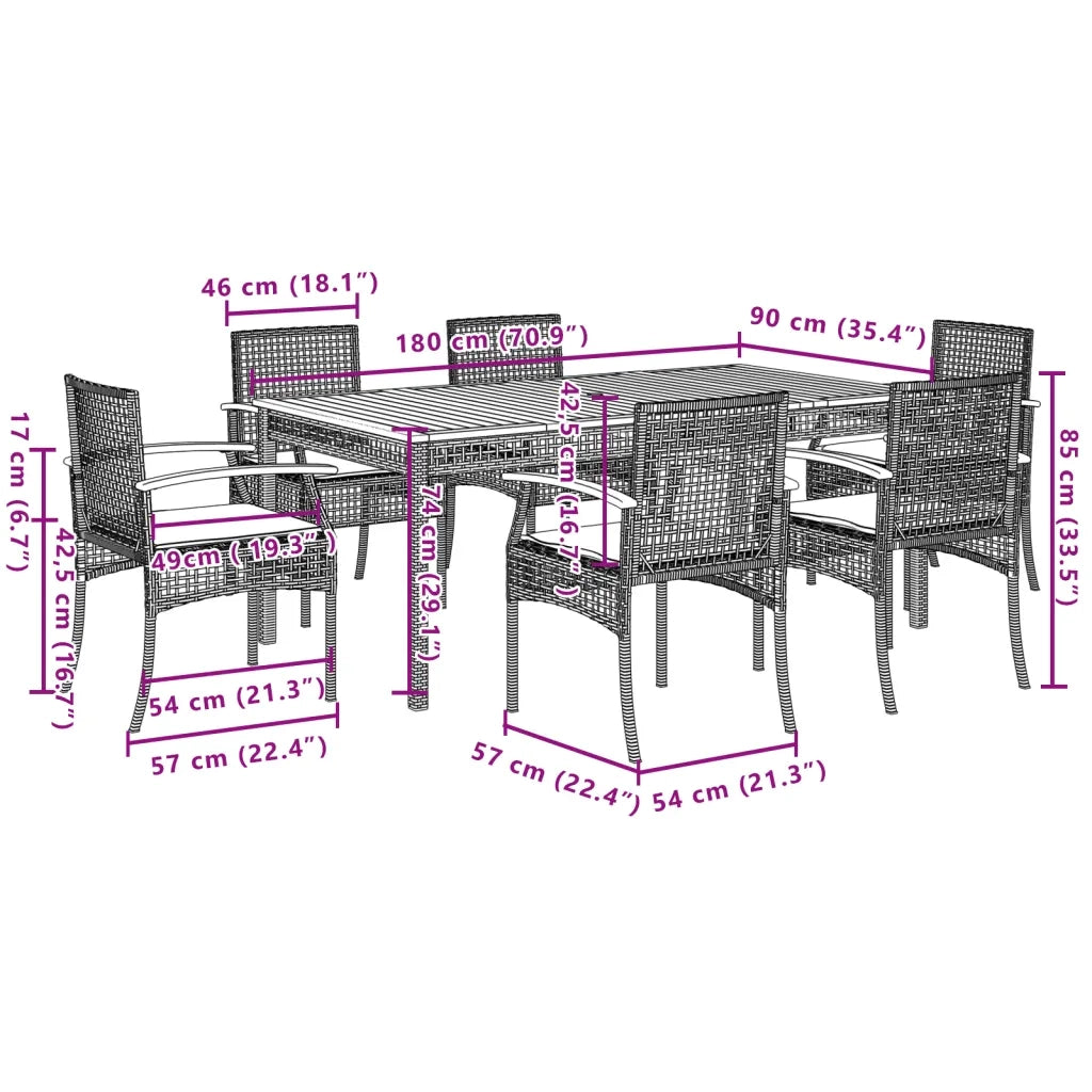 Set da Pranzo da Giardino 7 pz con Cuscini in Polyrattan Grigio 3213573