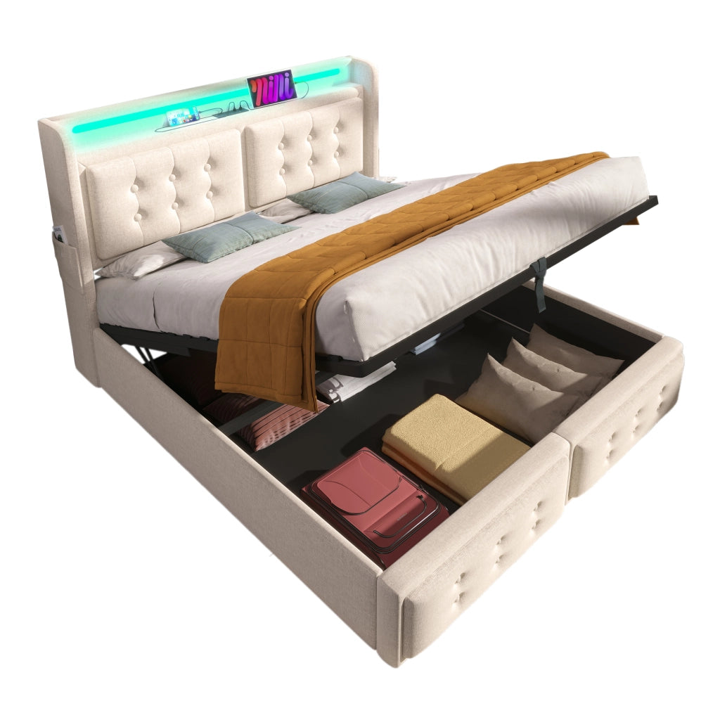 Letto imbottito 160 × 200 cm con LED, prese USB e Type-C, contenitore e materasso, beige