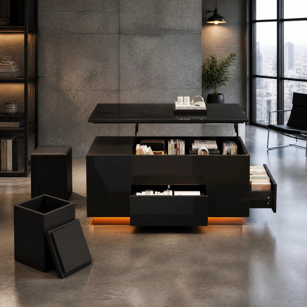 Tavolino da caff¨¨ elevabile 100x50 cm con LED, 2 cassetti e 2 sgabelli nero