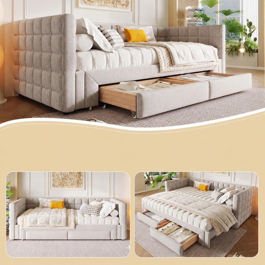 Divano letto estraibile 90x200 cm in velluto beige con 2 cassetti; trasformabile in letto matrimoniale 180