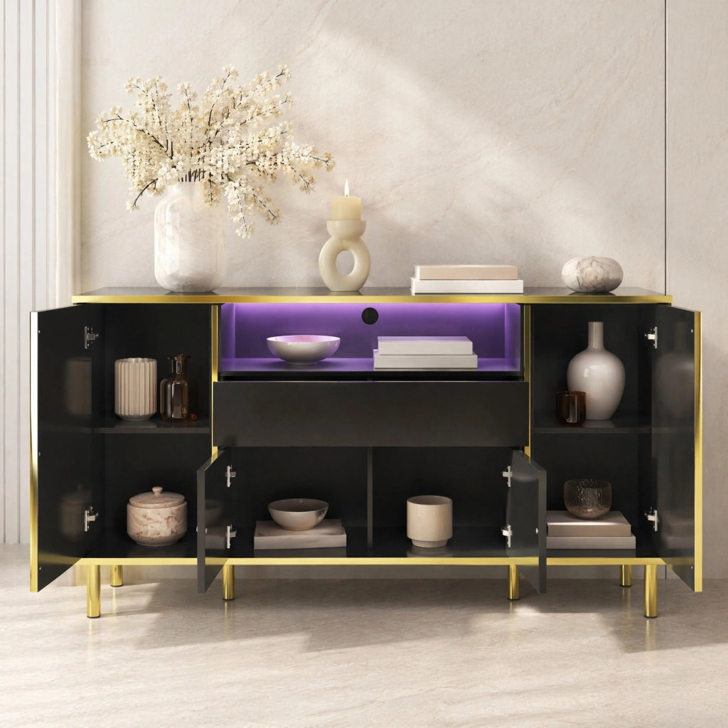 Sideboard nero lucido con LED; 150x40x80 cm; in MDF e truciolare