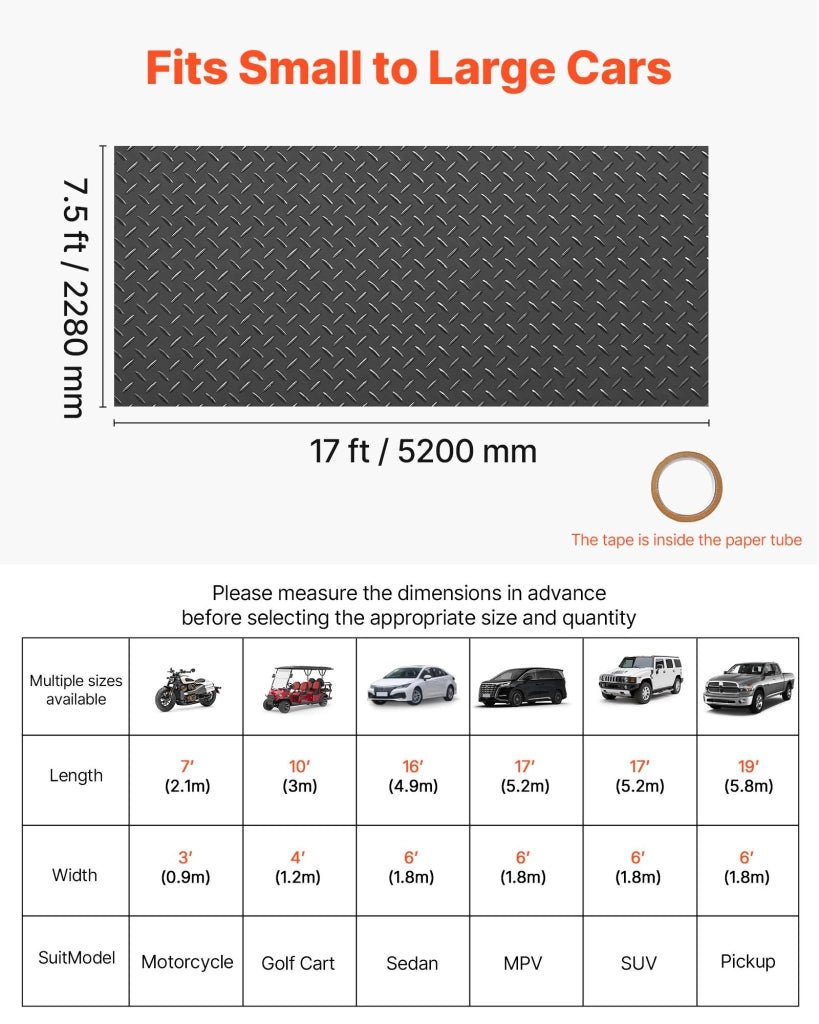 Rivestimento Pavimento in PVC Antiscivolo 2,28 x 5,2 m, Tappeto Protettivo Diamantato 2,2 mm con Nastro Biadesivo, per Garage e Magazzino, Nero