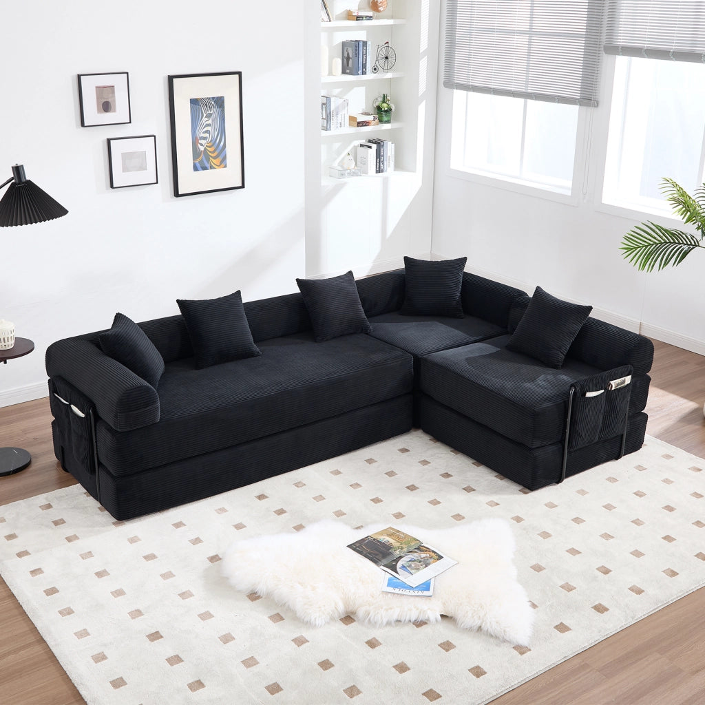 Divano letto modulare in velluto a coste nero con tasca laterale e imbottitura in schiuma 270 × 180 × 64 cm