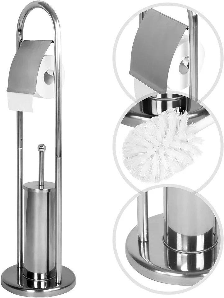 Portarotolo Con Scopino e Porta Scopino In Acciaio Accessori Bagno WC 80cm
