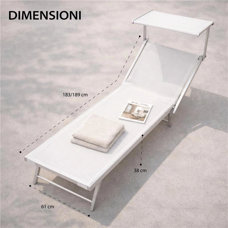 LETTINO STABILIMENTO RIMINI PRENDISOLE IN ALLUMINIIO CON PARASOLE PIEGHEVOLE 61X183/189X38H CM, COLORE BIANCO