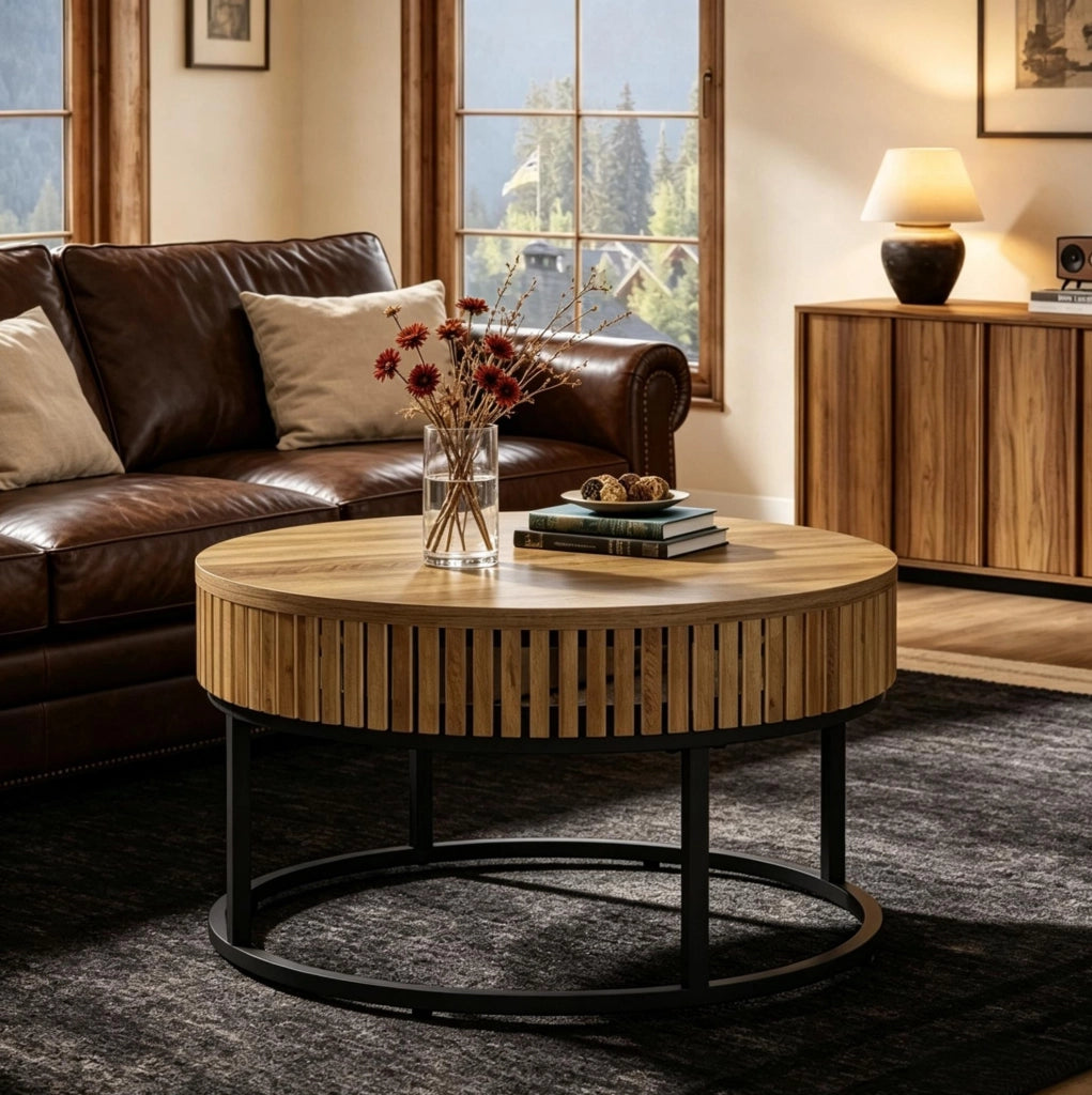 Tavolino da caff¨¨ rotondo ULEVR ? 80 cm in MDF e metallo, nero e marrone