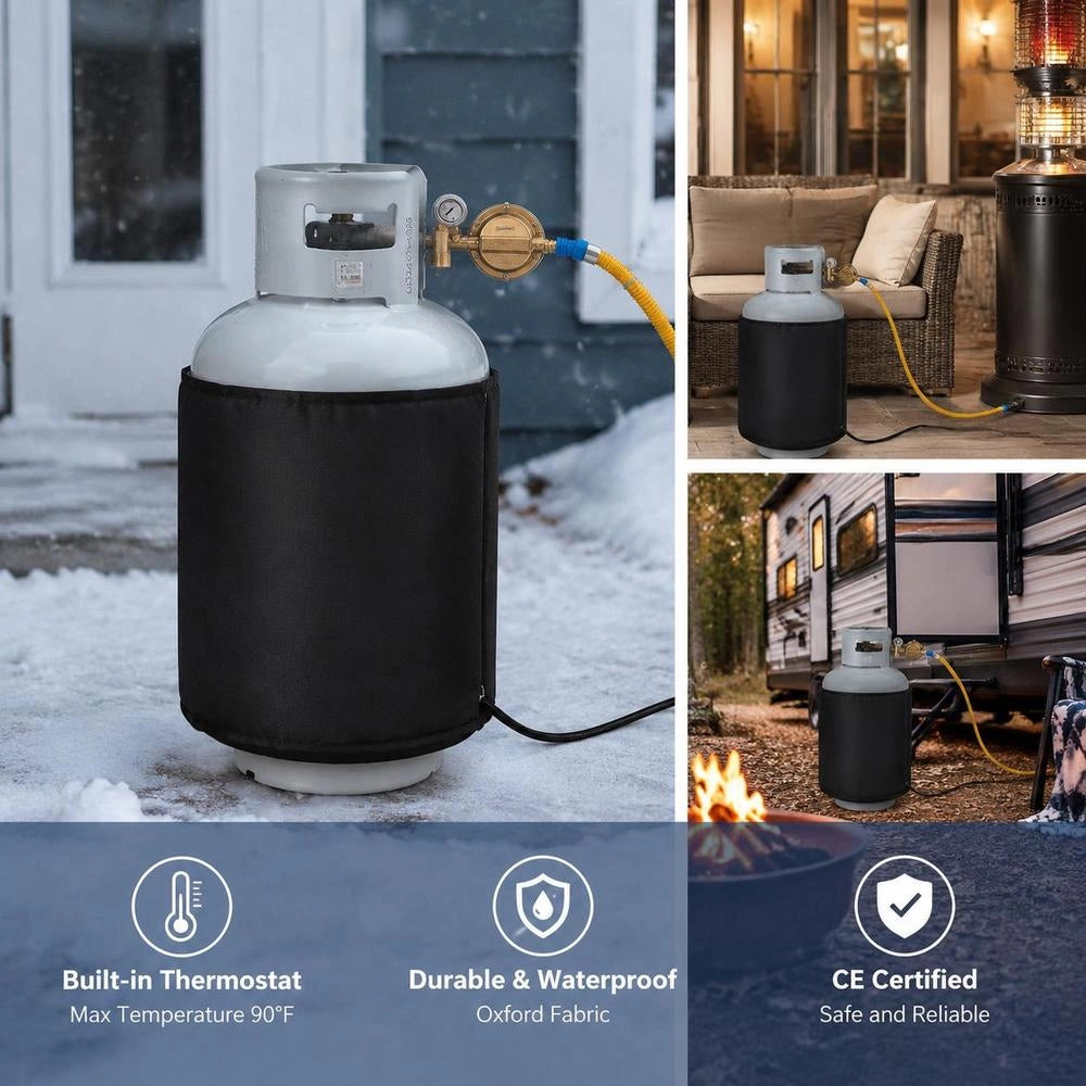 Insulated, Band-style Gas Cylinder Warmer, Suitable For 40 Lb Gas Cylinders, 120W Propane Heater, Fixed Internal Thermostat, Max. Temperature 90°F, Durable Waterproof Oxford Fabric, CE Approved