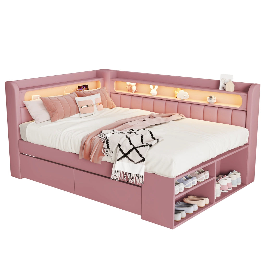 Letto imbottito rosa 90x200 cm con presa USB integrata; luci LED e contenitori