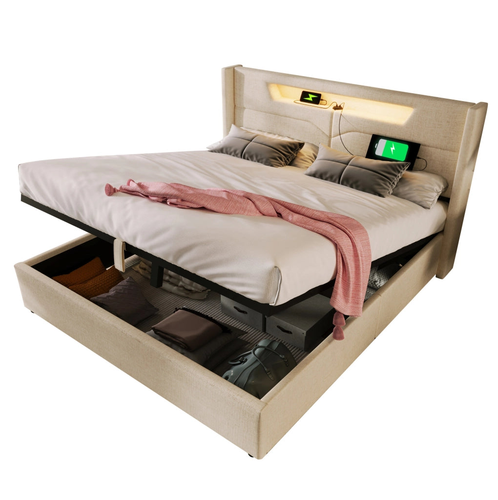 Letto matrimoniale imbottito 140x200 cm in lino beige con LED, USB e Type-C