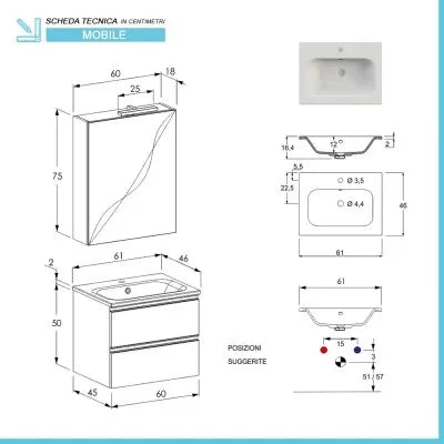 Mobile bagno sospeso 60 cm rovere miele con lavabo e specchio contenitore Master