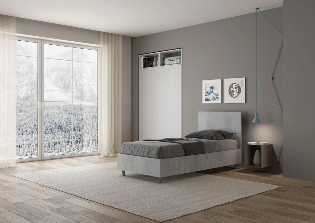 Letto Singolo 80x190 cm con Rete e Contenitore Demas Testata Dritta Cemento