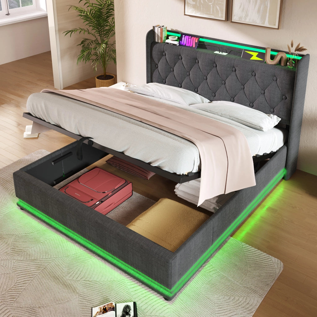 Letto matrimoniale contenitore 160 × 200 cm con LED 360°, USB e Tipo C, testiera imbottita, materasso incluso