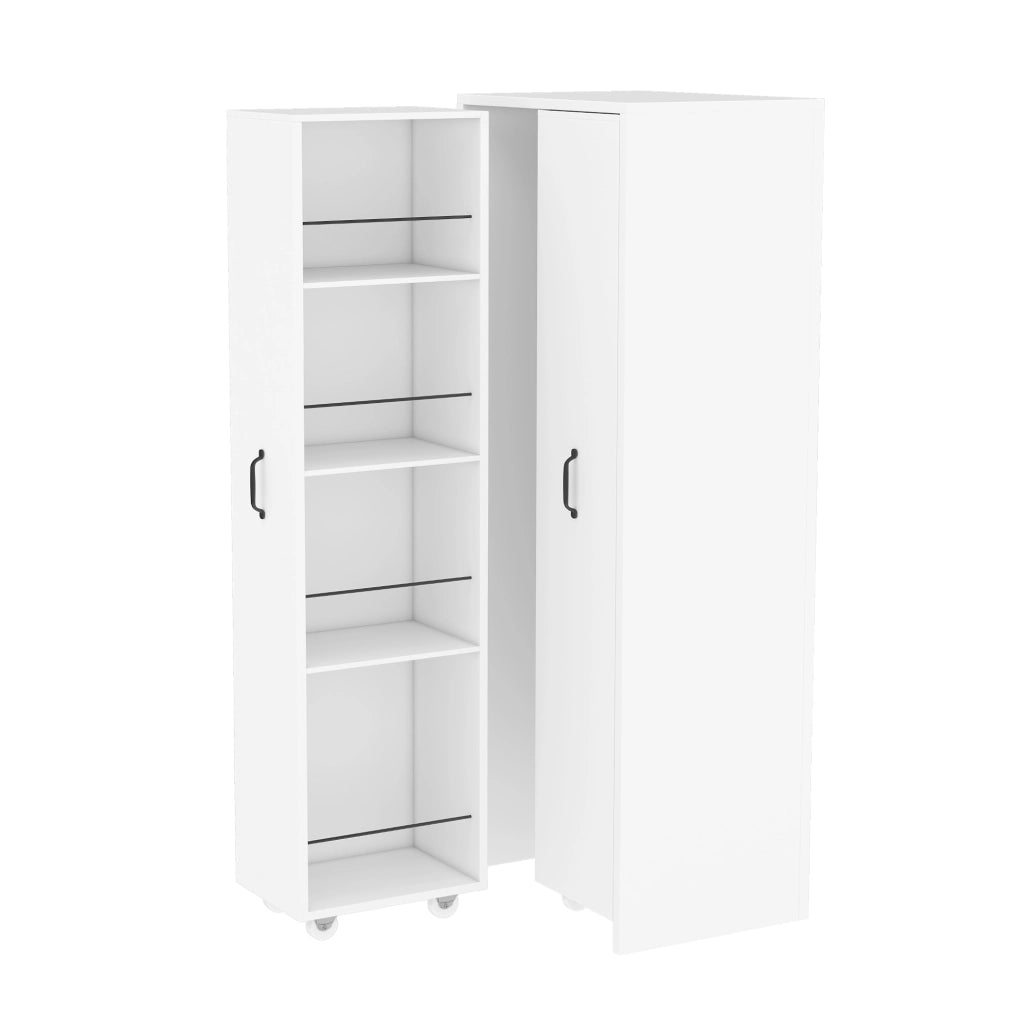 Libreria estensibile su ruote; 4 ripiani per modulo; MDF; bianco