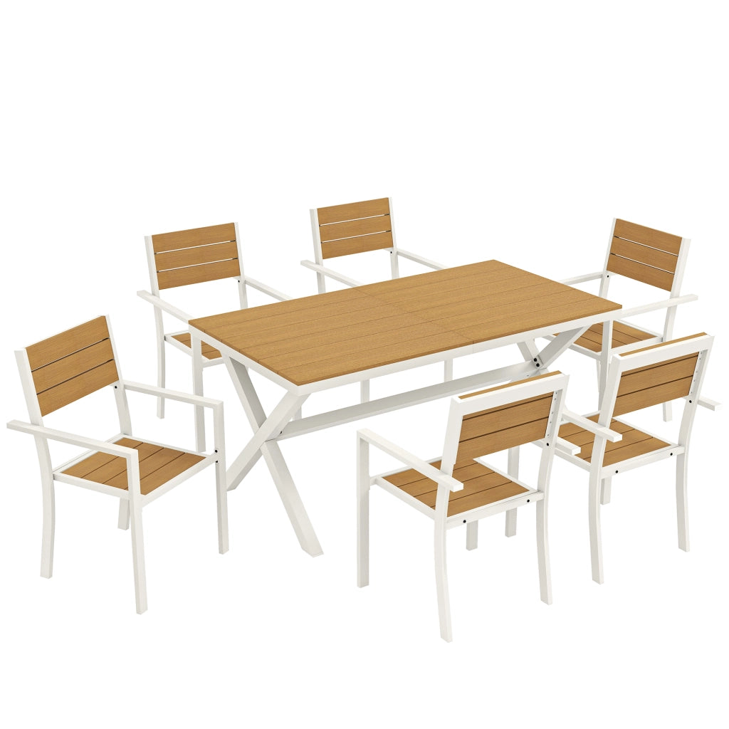 Set di mobili da giardino; set da sedere; tavolo in 7 pezzi con 6 sedie impilabili; aspetto legno; telaio in alluminio; teak