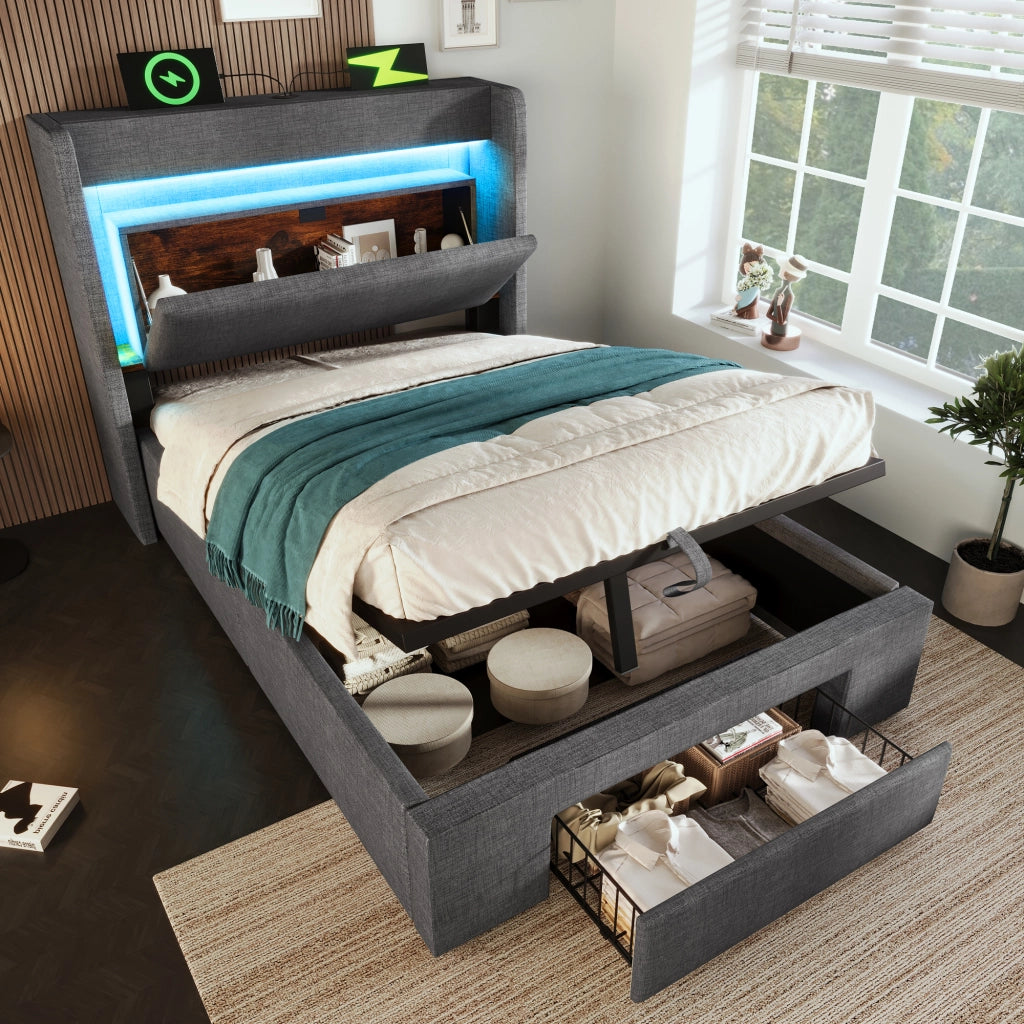 Letto imbottito 90x200 cm con materasso e testiera USB-C