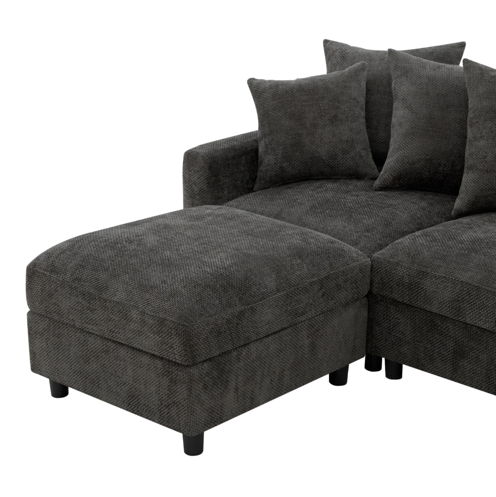 Divano modulare ULEVR 6 posti a U o L con 2 pouf, USB e Type-C, cuscini regolabili, chenille grigio