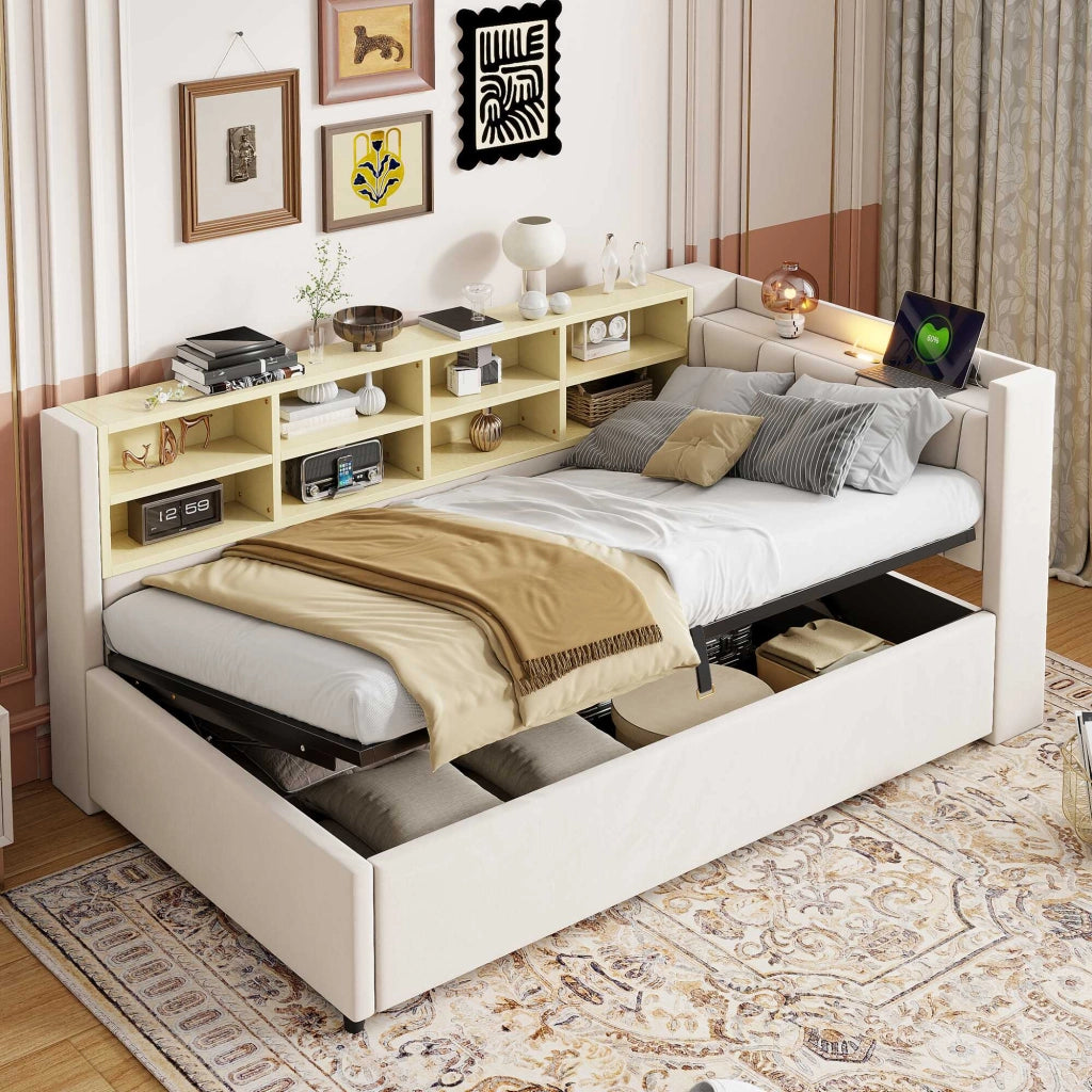 Letto divano 90x200 cm con contenitore; luce notturna; USB e Type-C; in velluto; beige