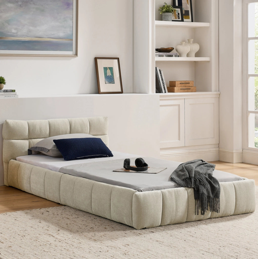 Letto singolo imbottito 90x200 cm beige in ciniglia