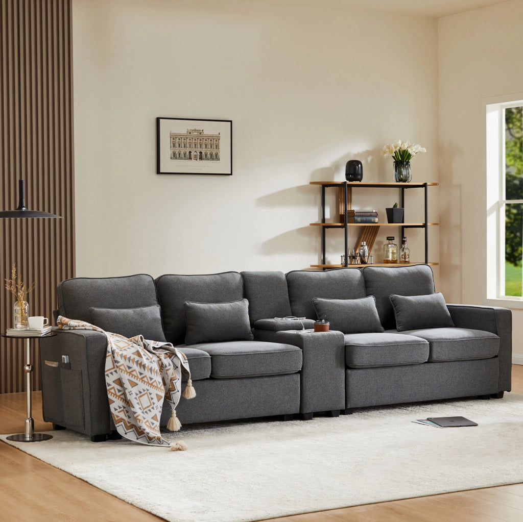 SOFA 4 posti 290x83x88 cm in lino grigio scuro con console, USB e 4 cuscini