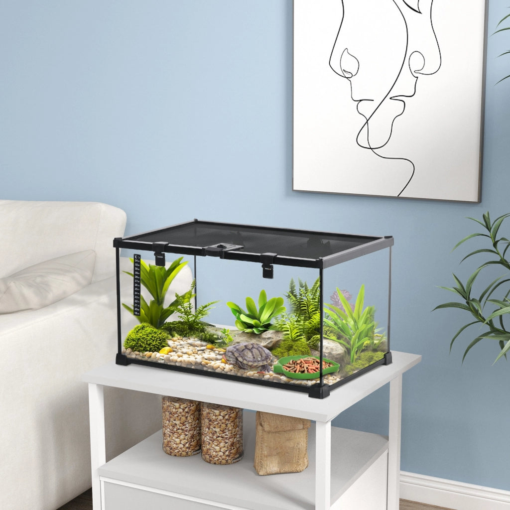 Terrario per rettili con chiusure di sicurezza, ventilazione e apertura per alimentazione in acciaio nero 50 × 30 × 25 cm