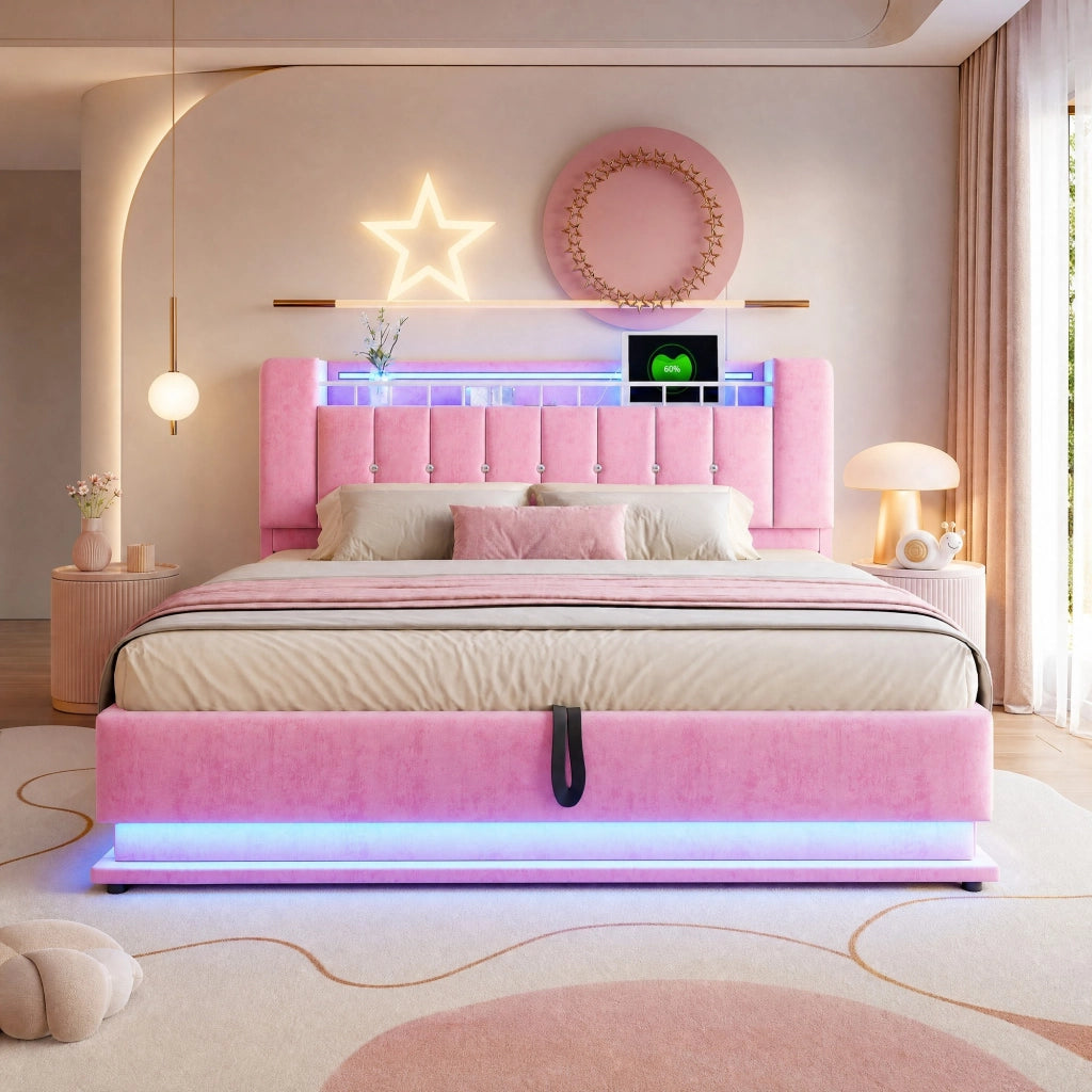 Letto matrimoniale imbottito 180x200 cm con LED, USB e contenitore, rosa