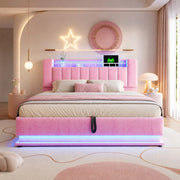 Letto matrimoniale imbottito 180x200 cm con LED, USB e contenitore, rosa