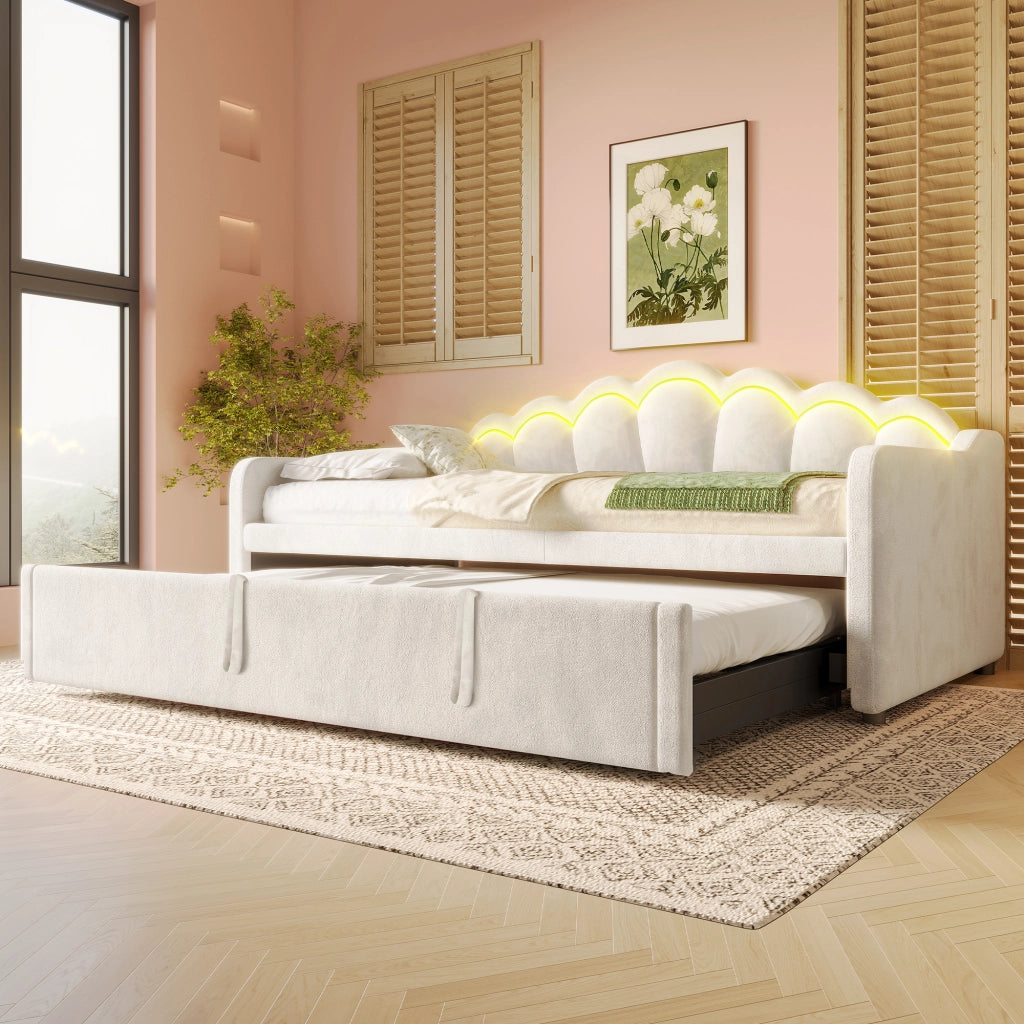 Letto estraibile singolo in velluto beige 90 × 200 cm con LED multicolore e secondo letto